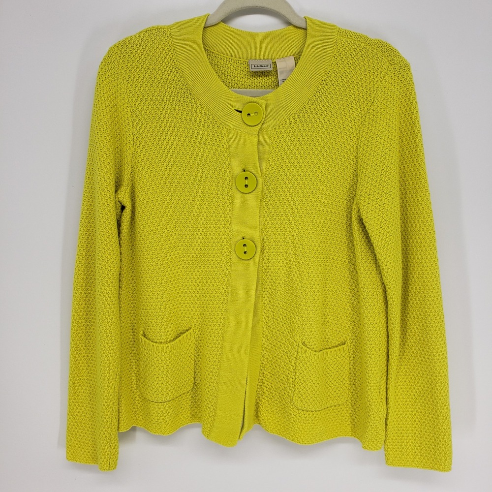 LL Bean Textured Knit Button Up Cardigan Girls XL 18 Yellow Chartreuse Pockets